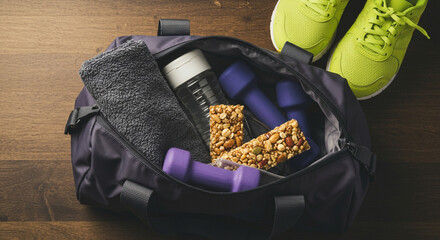 Gym bag with workout gear, protein bars, and sneakers on wooden surface