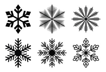 Collection of six unique snowflake silhouettes isolated on white background