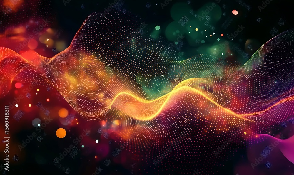 Poster big data visualization. musical stream of sounds. abstract background with interweaving of dots. fut