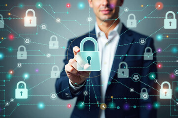 Businessman holding digital padlock with cybersecurity concept   