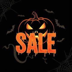 Halloween sale banner with jack o lantern pumpkin. Spooky design with bats and spider web for holiday promotion.