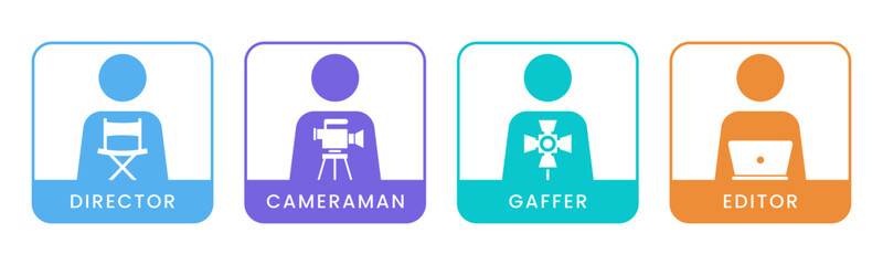 Director, Cameraman, Gaffer, Editor icon set illustration vector. Inside Square