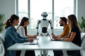 Team of professionals collaborating with robot in modern office  