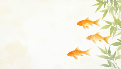 淡いオレンジ色の小金魚が和紙風の柔らかい背景の右下に集う、水彩の筆跡が感じられる日本の伝統美を映し出す夏のミニマリズムアート。

