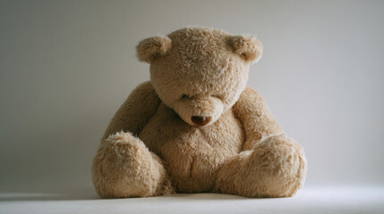Sad teddy bear sitting alone on gray background, symbolizing childhood melancholy and emotional burnout, editorial minimalism concept