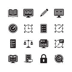 E-Learning and Assessment Interface Icons – Books, Timers, Checklist, Dashboard, Lock, Graphs & Evaluation Tools