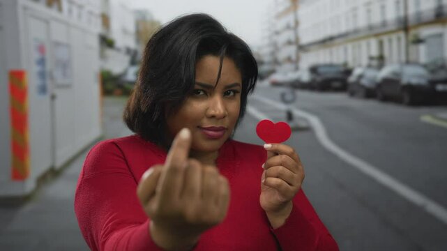 Young woman holding red paper heart on city street, symbolizing love and confidence.