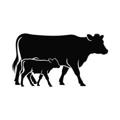 Mother cow and calf walking together silhouette isolated on white background