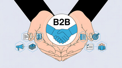 Illustration of hands holding b2b handshake with icons representing business elements