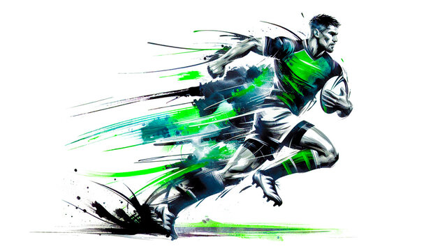  Dynamic ink wash of a rugby player running, with a green accent, energetic and stylish