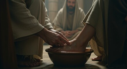 Closeup Jesus washing His disciples feet during Holy Week
