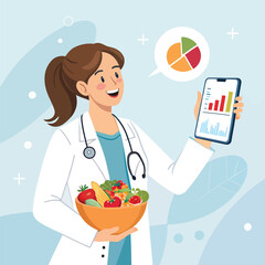 Nutritionist promoting healthy eating habits and diet plan with data analysis on phone screen
