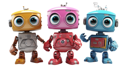 Three colorful toy robots standing together with big eyes and boxy bodies on a black background