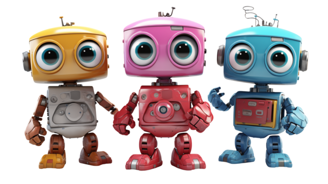 Three colorful toy robots standing together with big eyes and boxy bodies on a black background