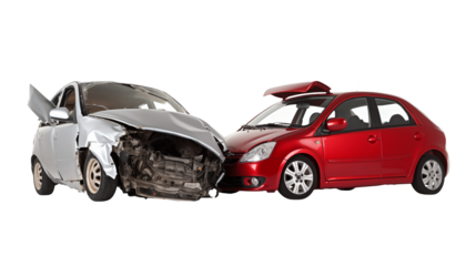 A silver car with significant front end damage next to a red car on an isolated black background scene