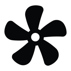 Five blade fan icon. Black propeller or ventilation silhouette symbol for cooling, HVAC, machinery, engine or industrial system. Vector illustration, isolated.