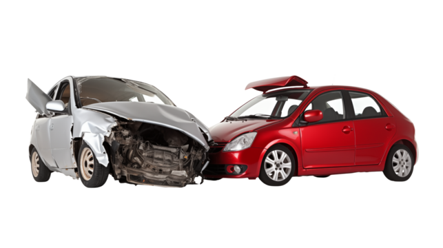 A silver car with significant front end damage next to a red car on an isolated black background scene
