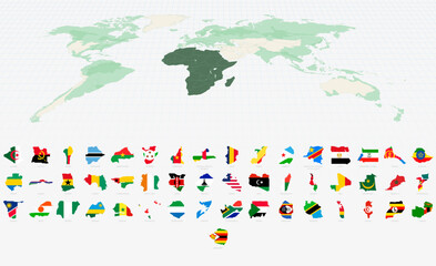 Obraz premium African Country Shapes with Flags on a Highlighted World Map