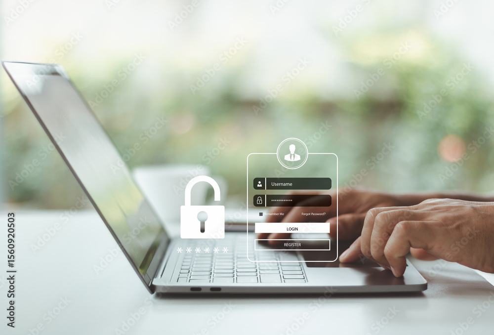 Fototapete Login authentication, cybersecurity concept with user entering password on laptop for secure access to online account, private information, multi-factor authentication, and data protection. Cyberspace