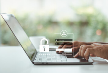 Login authentication, cybersecurity concept with user entering password on laptop for secure access...