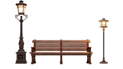 A wooden bench between two lit lampposts against a black background in an outdoor setting at night