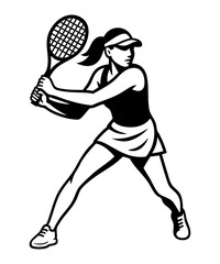 Female tennis player in dynamic hit pose, vector SVG with cut out style and transparent background