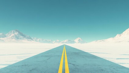 Empty road stretches into a vast, snow-capped mountain range under a clear sky
