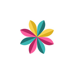 A modern abstract flower with six multicolored petals in a radial symmetrical design.