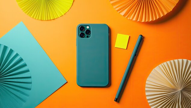 Teal phone case, colorful paper fans, and a pen on an orange background - Powered by Adobe