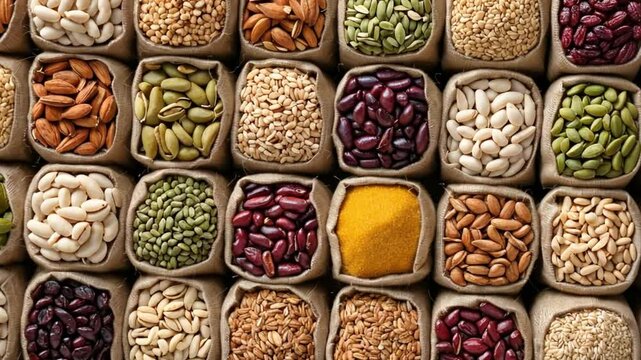 An overhead shot of various beans, seeds, and nuts displayed in small burlap sacks in rows and columns
