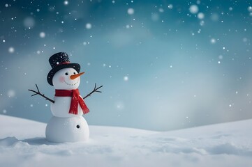 Happy snowman standing in winter christmas landscape.