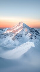 Obraz premium Snowy Mountain Peaks, Alpine Scenery, Extreme Weather, Majestic Snow-Capped Mountain at Sunrise with Soft Pastel Sky