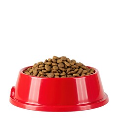 Red bowl filled with tasty pet food for happy and healthy animals