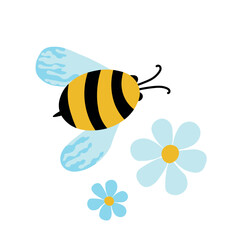 Cartoon bee mascot. Little bee flying. Wasp collection. Vector bumblebee characters. Insect icon. Design template for invitation, card. Doodle style.