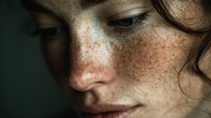 Obraz premium Close-up portrait of a young woman with freckles, showing skin texture and details