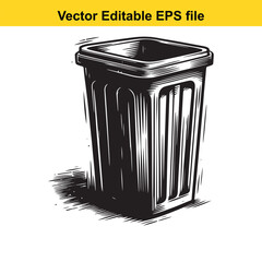 Stylized Black and White Illustration of a Trash Can with Lid and Handle Emphasizing Graphic Design and Clean Lines for Waste Management or Environmental Themes