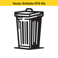Stylized Black and White Illustration of a Trash Can with Lid and Handle Emphasizing Graphic Design and Clean Lines for Waste Management or Environmental Themes