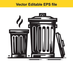Stylized Black and White Illustration of a Trash Can with Lid and Handle Emphasizing Graphic Design and Clean Lines for Waste Management or Environmental Themes