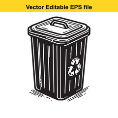 Stylized Black and White Illustration of a Trash Can with Lid and Handle Emphasizing Graphic Design and Clean Lines for Waste Management or Environmental Themes
