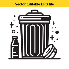 Stylized Black and White Illustration of a Trash Can with Lid and Handle Emphasizing Graphic Design and Clean Lines for Waste Management or Environmental Themes