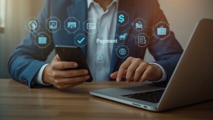 Digital payments: man using phone and laptop for online transactions, financial tech, and easy banking