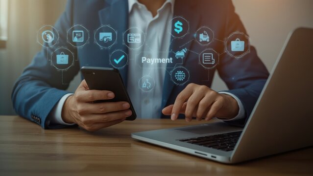Digital payments: man using phone and laptop for online transactions, financial tech, and easy banking