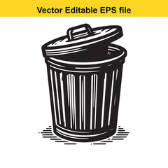 Stylized Black and White Illustration of a Trash Can with Lid and Handle Emphasizing Graphic Design and Clean Lines for Waste Management or Environmental Themes
