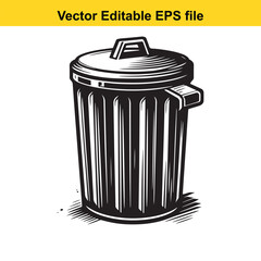 Stylized Black and White Illustration of a Trash Can with Lid and Handle Emphasizing Graphic Design and Clean Lines for Waste Management or Environmental Themes