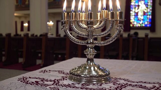 A close-up video shot of a silver menorah with lit candles on an embroidered cloth, capturing the warm ambiance of a dimly lit synagogue interior.