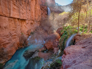 Havasu Creek with Mooney Falls in the background and a small falls in the foreground, Havasupai Indian Reservation, Grand Canyon, Arizona