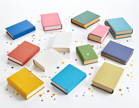 Vibrant array of colorful books arranged on white background, surrounded by confetti, celebrating joy of reading and creativity. Each book showcases unique color and design