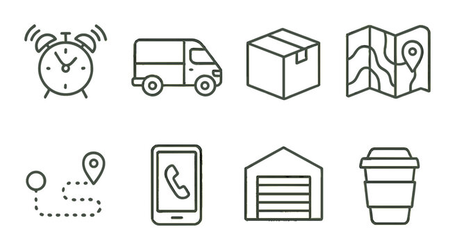 Delivery and logistics icon set. transport, map, route, package, clock linear vector icons