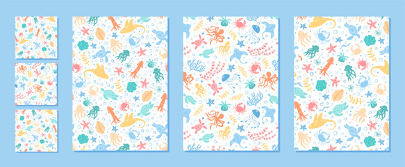 Seamless marine life pattern with aquatic creatures in flat cartoon graphic style set. Underwater sea and ocean elements include fish, coral, and jellyfish. Perfect decorative set for marine