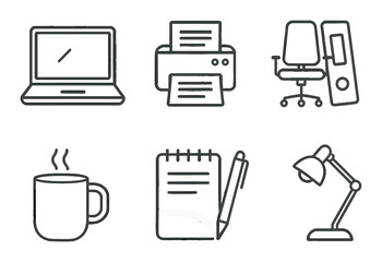 Office equipment set. business linear tools. laptop, printer, chair, lamp, notebook vector icons.